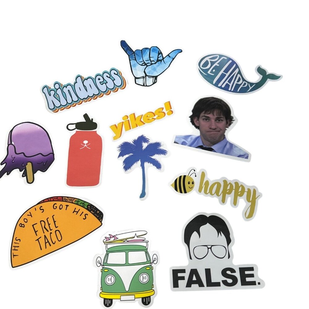 Assorted 12 Piece Vinyl Sticker Set Fun Whimsical Designs Van Palm Tree Taco